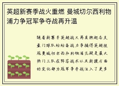 英超新赛季战火重燃 曼城切尔西利物浦力争冠军争夺战再升温