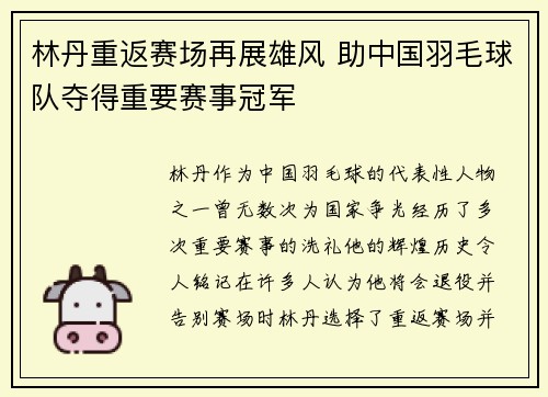 林丹重返赛场再展雄风 助中国羽毛球队夺得重要赛事冠军