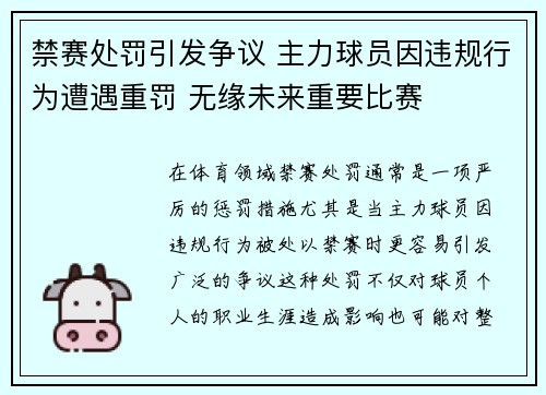禁赛处罚引发争议 主力球员因违规行为遭遇重罚 无缘未来重要比赛