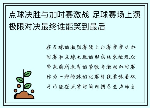 点球决胜与加时赛激战 足球赛场上演极限对决最终谁能笑到最后